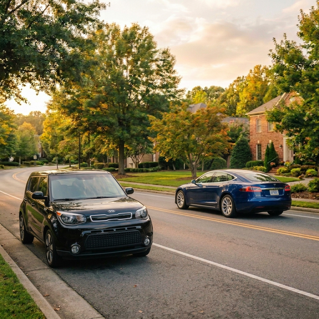 Silver passenger van driving along a tree-lined suburban road